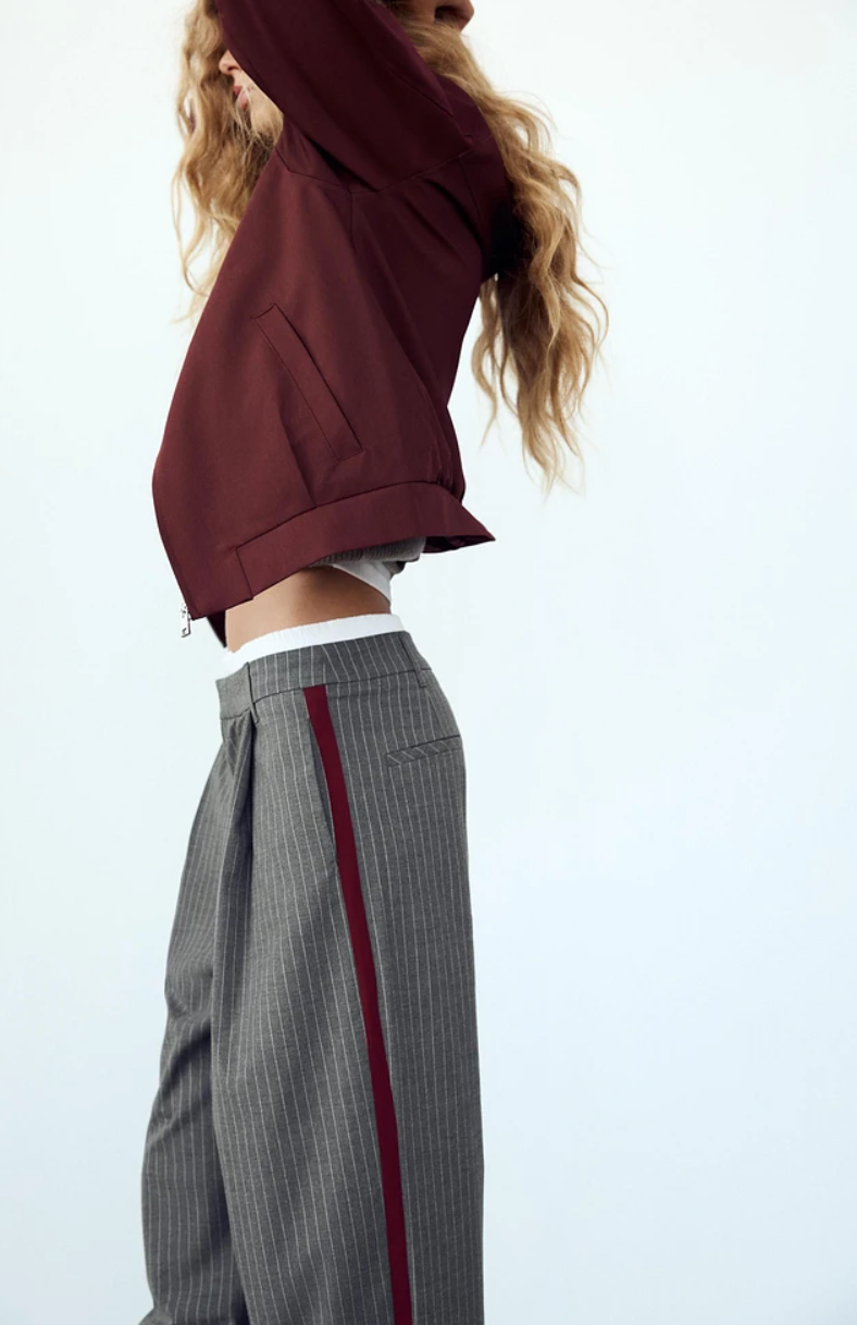 Grey Striped High-Waist Pleated Trousers