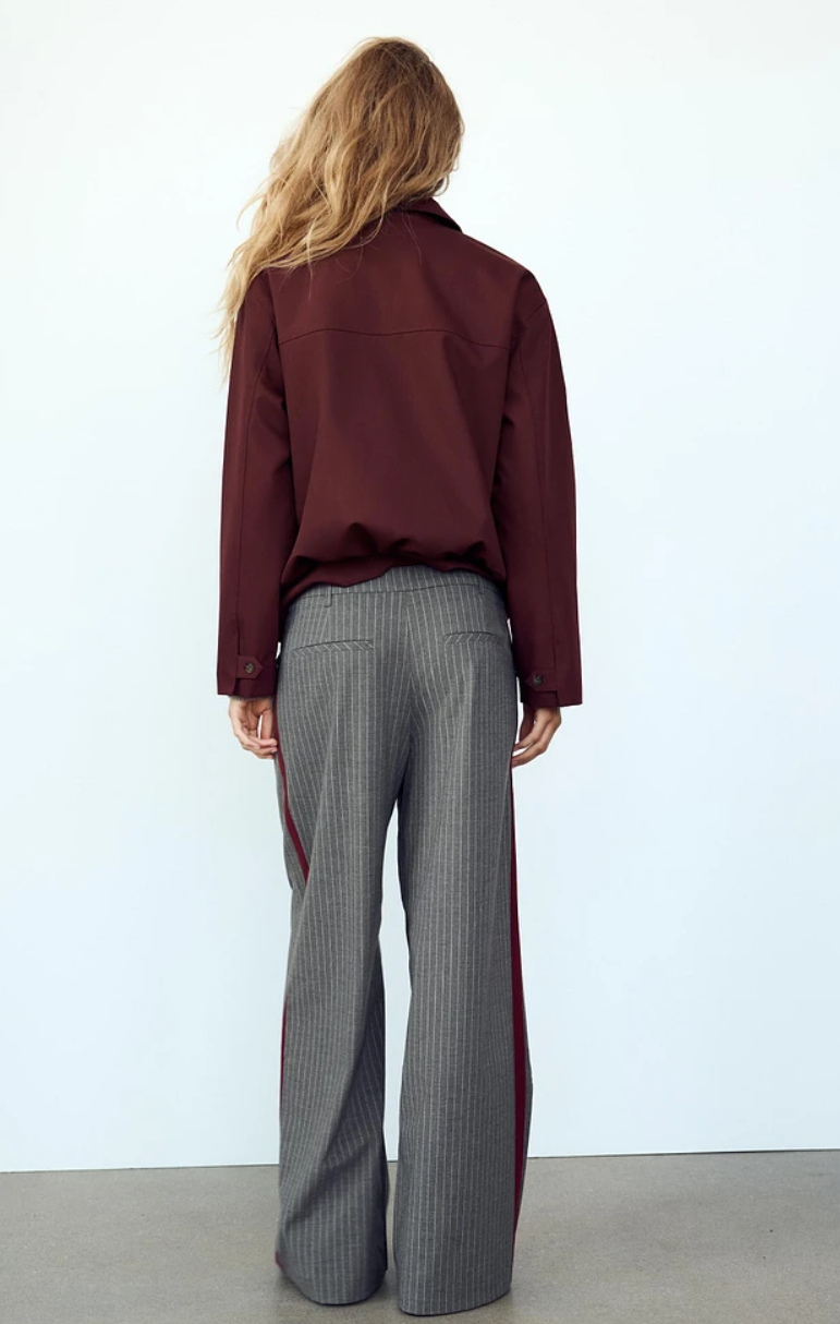 Grey Striped High-Waist Pleated Trousers