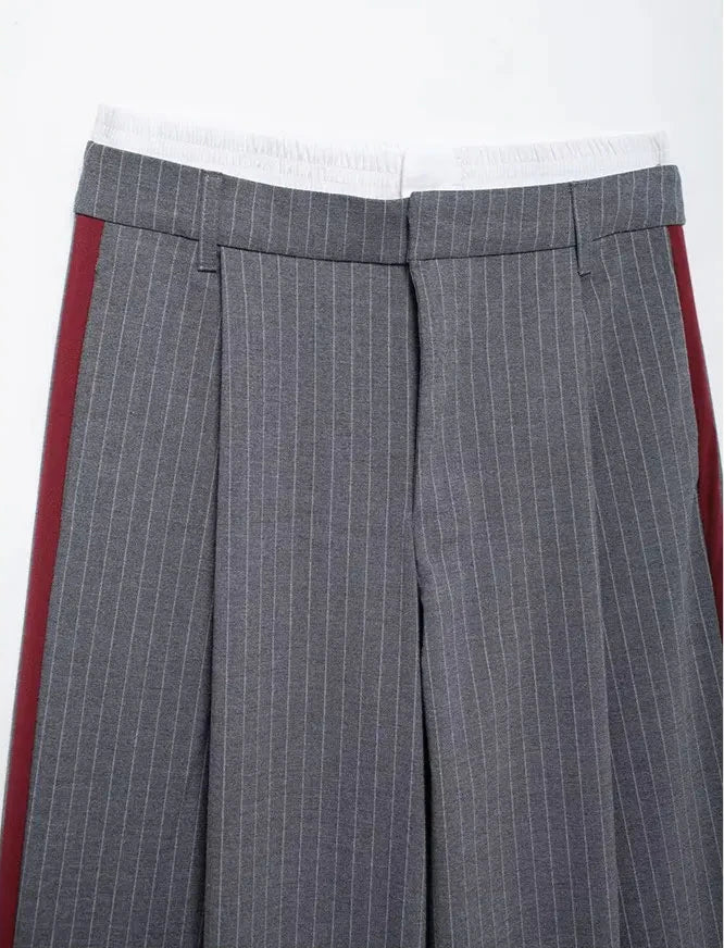 Grey Striped High-Waist Pleated Trousers