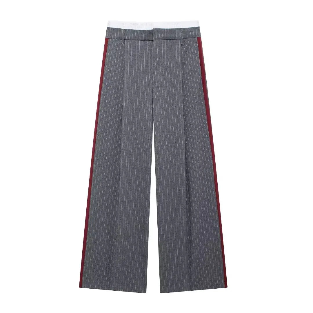 Grey Striped High-Waist Pleated Trousers