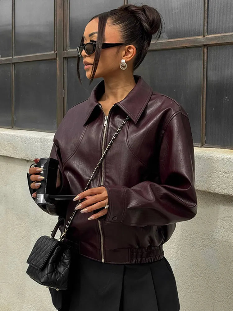 Vintage Solid Color Leather Jacket