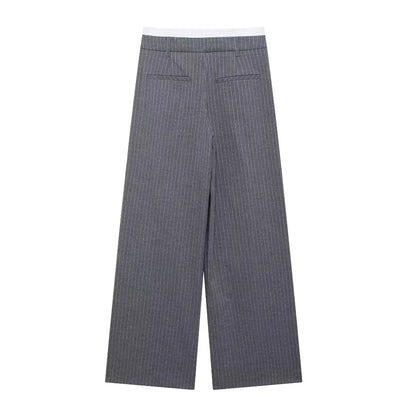 Grey Striped High-Waist Pleated Trousers